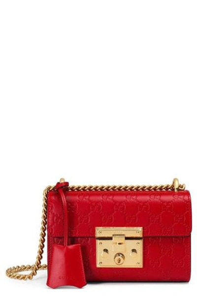 Gucci Small Padlock Signature Leather Shoulder Bag In Hibiscus Red