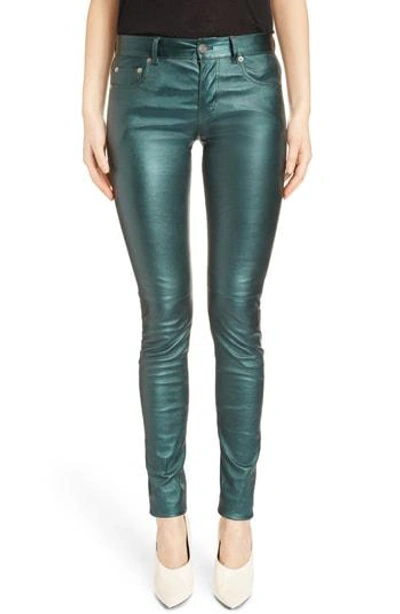 Saint Laurent Metallic Leather Skinny Pants In Green