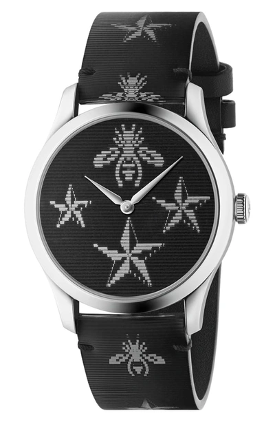 Gucci G-timeless Leather Strap Watch, 38mm In Black/ Silver