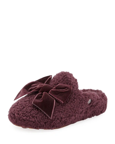 Ugg Addison Velvet-bow Curly Sheepskin Slippers In Port