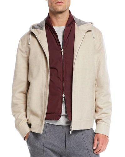 Brunello Cucinelli Men's Hooded Cashmere Jacket In Brown/gray