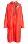 Pswl Hooded Snap-front Long Raincoat In Bright Red