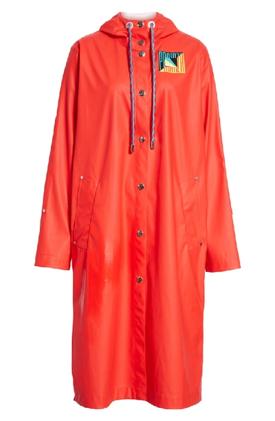 Pswl Hooded Snap-front Long Raincoat In Bright Red