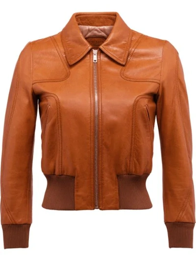 Prada Leather Bomber Jacket In Brown