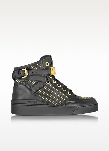 Moschino Black Leather Sneaker W/gold Tone Studs In Black/gold | ModeSens