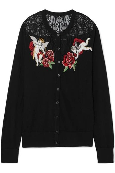 Dolce & Gabbana 蕾丝拼接嵌花羊毛混纺开襟衫 In Black