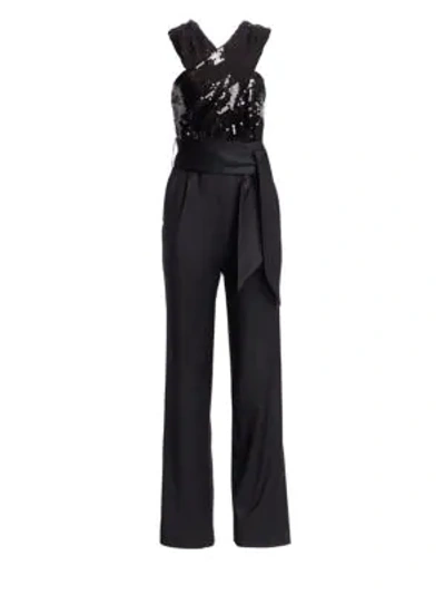 Carolina Ritzler Crossover Sequin Belted Jumpsuit In Black
