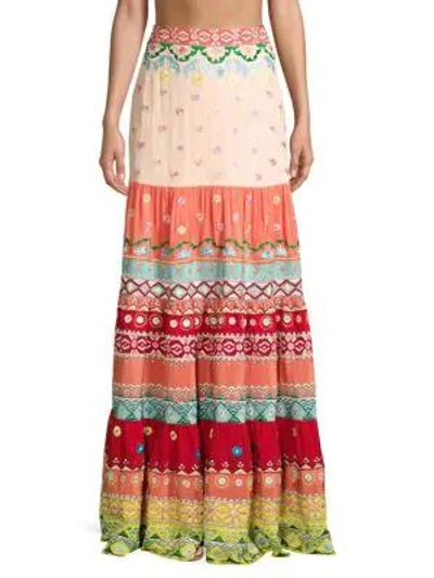 Saloni Isabel Floral Embroidered Stripe Silk Maxi Skirt In Peach