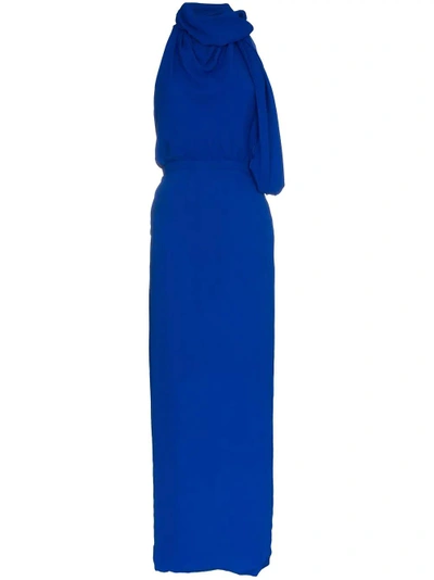 Versace High-neck Scarf Detail Silk Maxi Dress - Blue