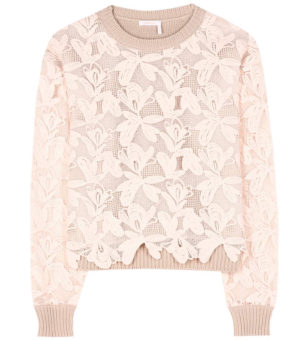 See By Chloé Guipure Lace And Knitted Cotton Sweater In Powder | ModeSens