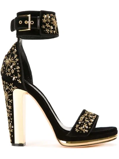 Alexander Mcqueen Embellished Velvet Platform Sandals In Black ,metallic