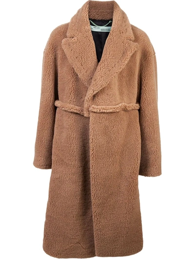 Off-white Oversized Shearling Coat In Brown