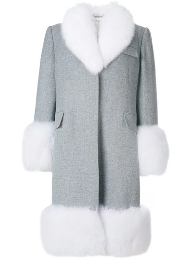 Thom Browne Oversized Flannel Chesterfield Coat With Fox Fur Trim In Grey