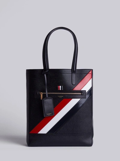 Thom Browne Tote In Black Pebble Grain Red, White And Blue Diagonal Stripe In Calf Leather