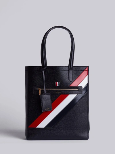 Thom Browne Tote In Black Pebble Grain Red, White And Blue Diagonal Stripe In Calf Leather In Black