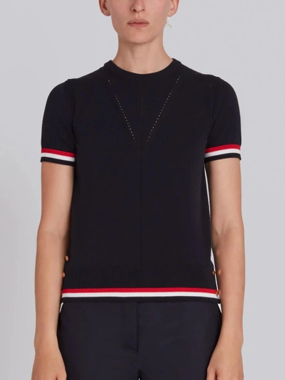 Thom Browne Crew Neck Short Sleeve Tee With Red, White And Blue Tipping Stripe In Cotton Crepe