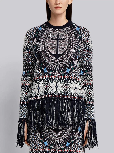 Thom Browne Boxy Pullover With Anchor Fair Isle Jacquard In Wool And Poly Knit In Blue