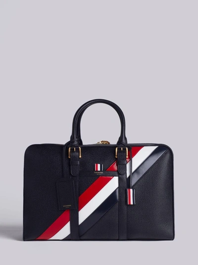 Thom Browne Medium Holdall With Red, White And Blue Diagonal Stripe In Pebble Grain & Calf Leather In Black