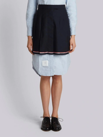 Thom Browne Mini Pleated Skirt With French Fly In Navy 2 Ply Fresco In Blue