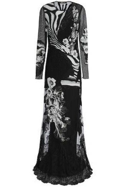 Roberto Cavalli Paneled Lace, Point D'esprit And Printed Silk Crepe De Chine Gown In Black