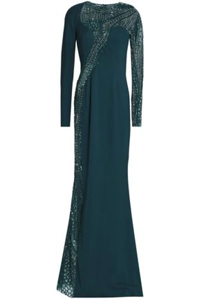 Zuhair Murad Woman Embellished Tulle And Silk-blend Crepe Gown Petrol