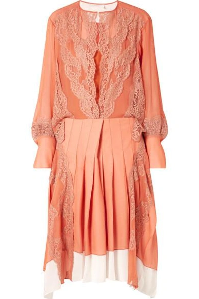 Chloé Lace-trimmed Mousseline And Pleated Crepe Midi Dress In Orange