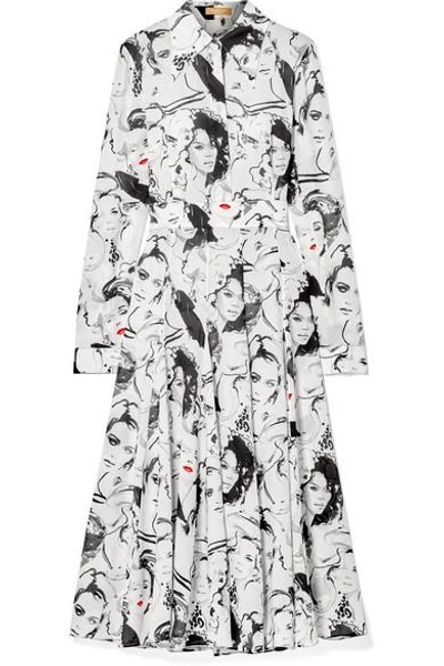 Michael Kors + David Downton Printed Silk Crepe De Chine Midi Dress In White