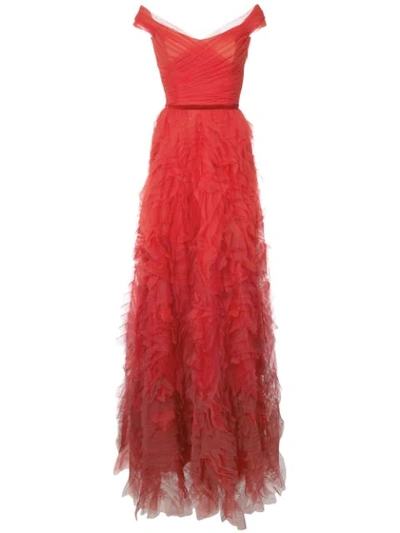 Marchesa Notte Off Shoulder Ombré Textured Gown In Red