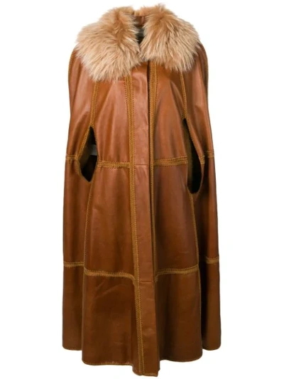 Alberta Ferretti Long Fur Collar Poncho Coat In Brown