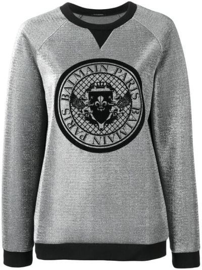 Balmain Logo Medallion Sweatshirt In Silver