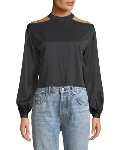 Marled By Reunited Cropped Blouson-sleeve Blouse With Cutout Shoulders In Black