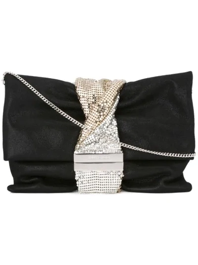 Jimmy Choo Chandra/m Black Shimmer Suede Clutch Bag With Chainmail Bracelet