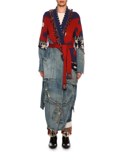 Alanui X Greg Lauren Icon Patchwork Long Cashmere & Denim Cardigan In Red