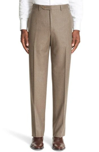 Canali Flat Front Solid Wool Trousers In Tan