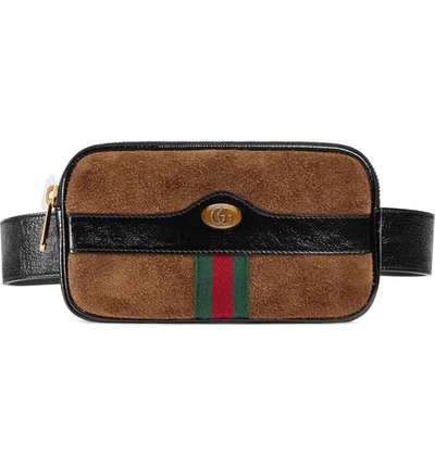 Gucci Ophidia Mini Suede Phone Belt Bag In Nocciola/ Nero/ Vert Red