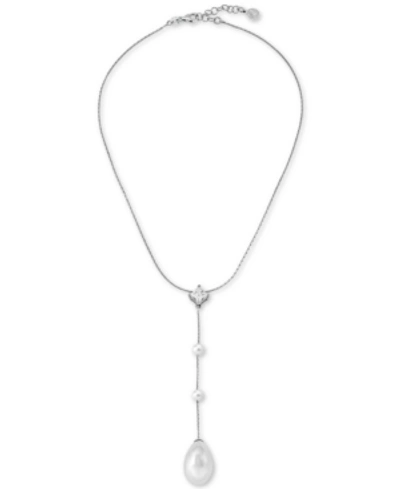 Majorica Sterling Silver Cubic Zirconia & Imitation Pearl Lariat Necklace, 15" + 2" Extender In White