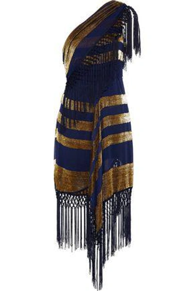 Alice Mccall For Her One-shoulder Macramé-trimmed Tinsel And Georgette Dress In Indigo