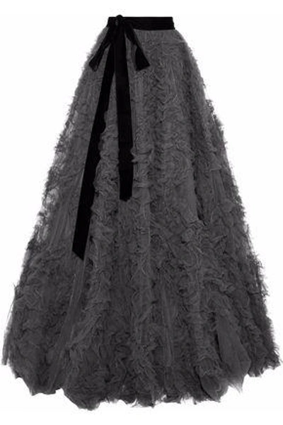 Jenny Packham Woman Bow-detailed Ruffled Tulle Maxi Skirt Dark Gray