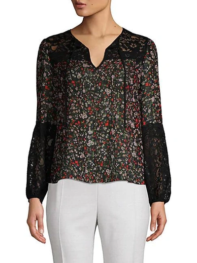 Rebecca Taylor Floral Silk Lace Tie Blouse In Black Combo