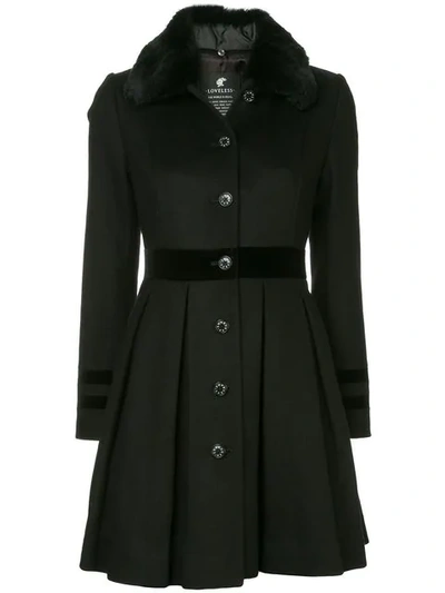 Loveless Fur Collar Flared Coat In Black