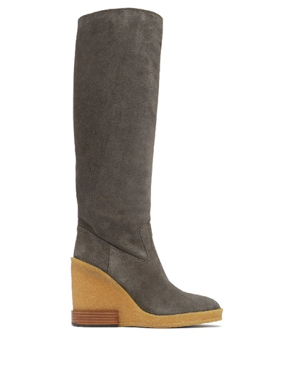 Tod's Knee-high Suede Wedge Boots In Grey