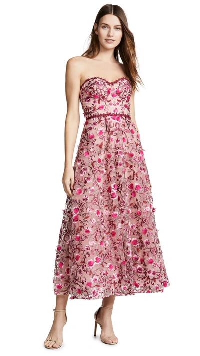 Marchesa Notte Floral Embroidered Tea Length Gown In Blush