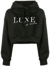 Andrea Crews Cropped Slogan Hoodie - Black