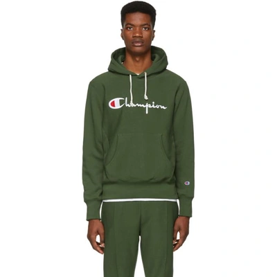 Champion Reverse Weave Green Script Logo Hoodie In Baf-olive