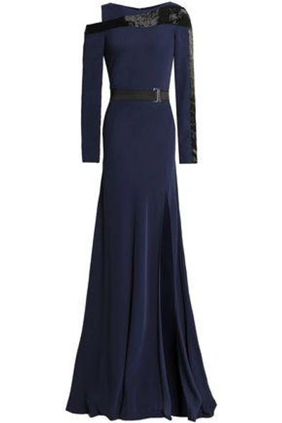 Amanda Wakeley Woman Cold-shoulder Bead-embellished Crepe Gown Midnight Blue
