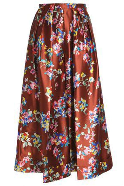 Delpozo Woman Pleated Floral-print Silk-twill Wide-leg Pants Brown