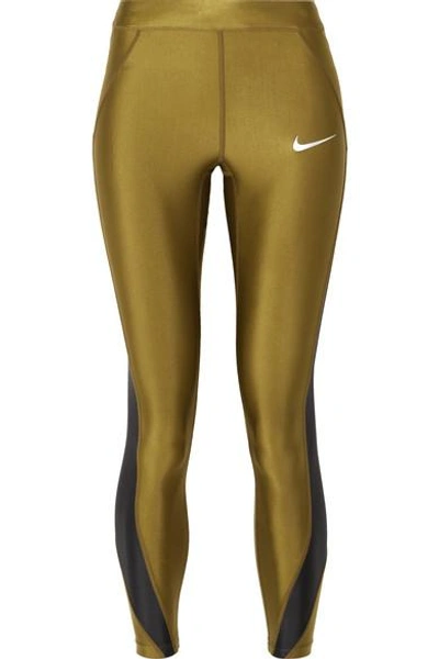 Nike Speed Cropped Paneled Metallic Dri-fit Stretch Leggings In Army Green