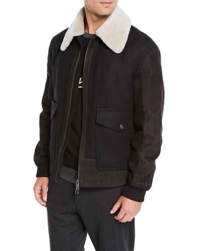 Ermenegildo Zegna Men's Double Wool Short Bomber Jacket In Black