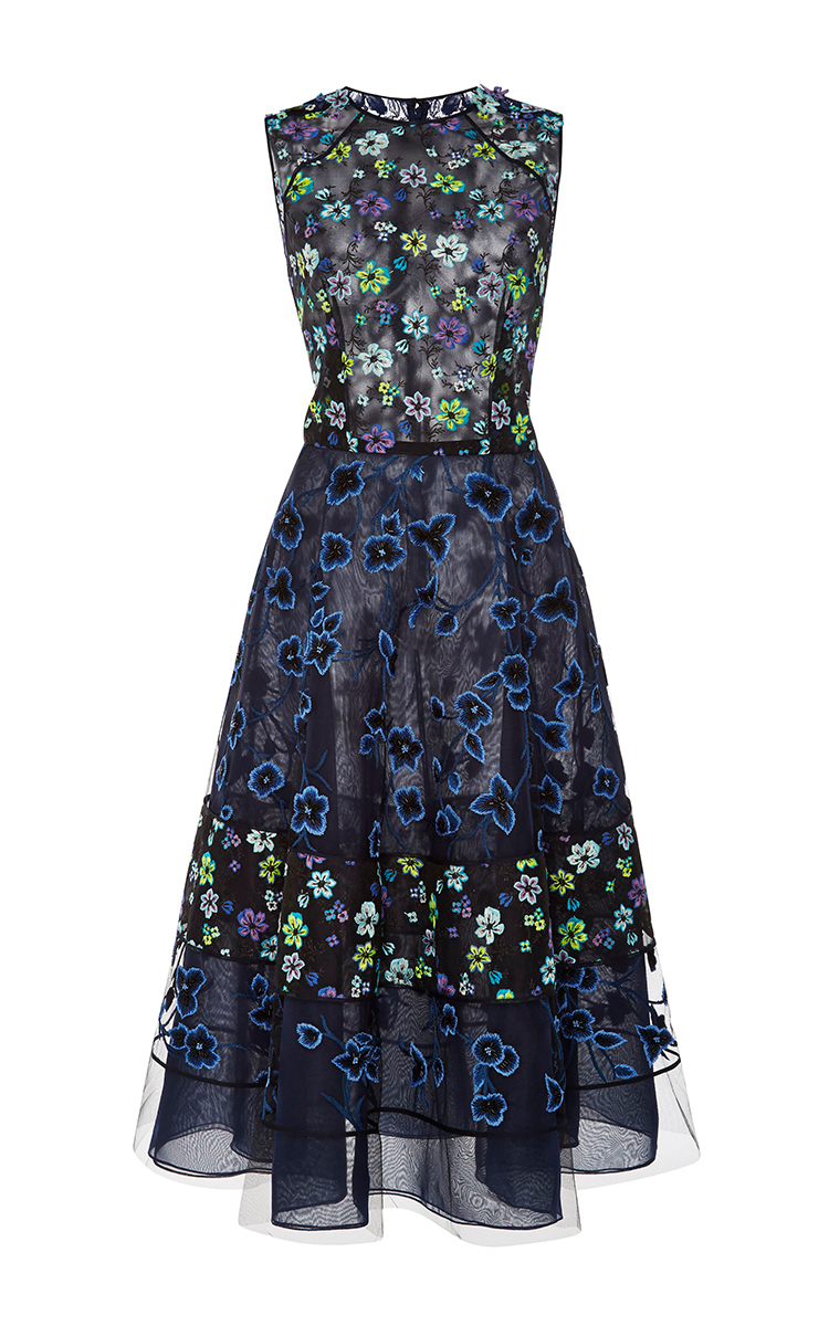 Oscar De La Renta Embroidered Floral Lace Sleeveless Dress In Black ...