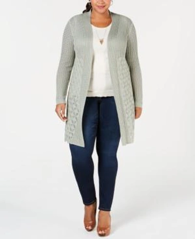 Belldini Plus Size Open-front Pointelle Cardigan In Sage